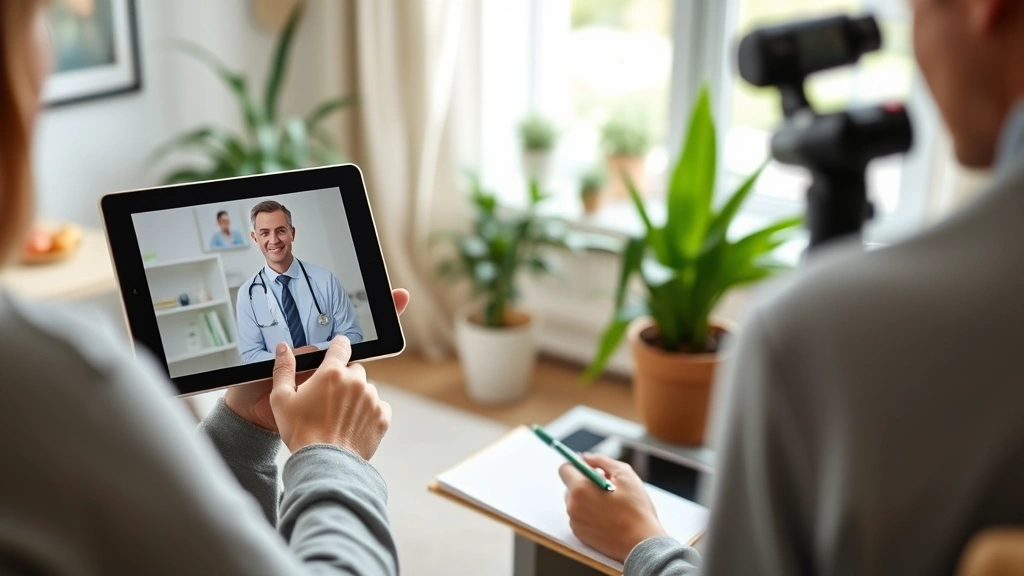 Healthcare provider video consultation on tablet screen, patient taking notes, home environment with plants and wellness elements, professional telemedicine setup