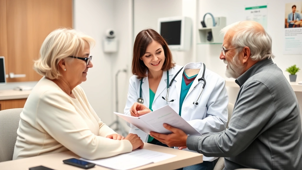 Female doctor in white coat reviewing patient chart with older couple during consultation, warm interaction, modern clinical office setting with medical equipment, patient education materials visible on desk