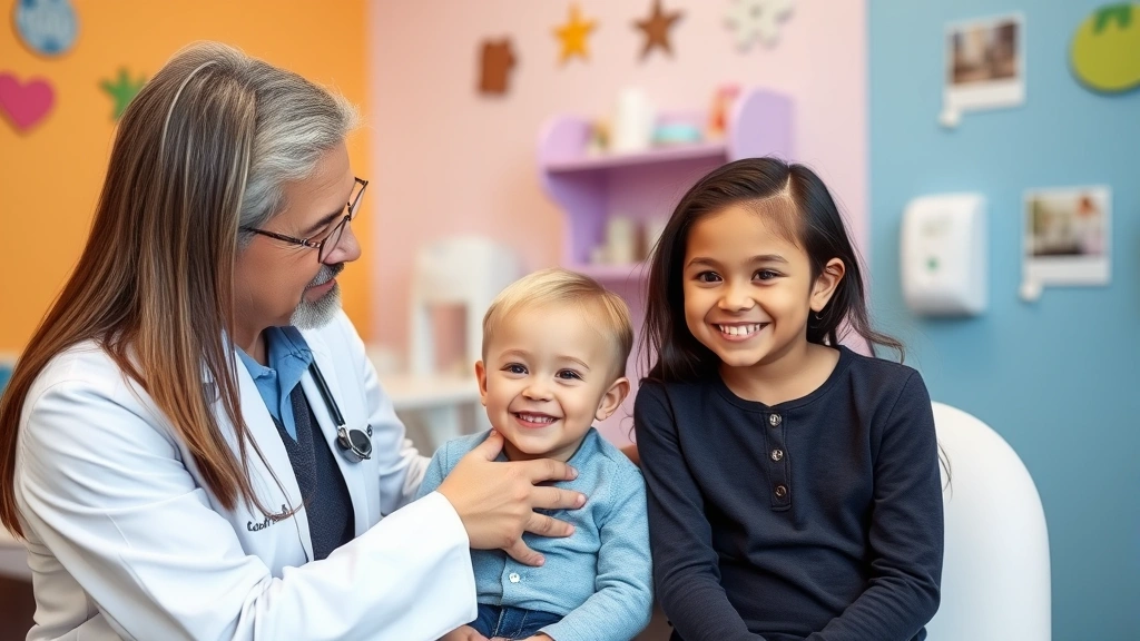 Young mother with two children in pediatric examination room, gentle pediatrician checking child's health, colorful walls with child-friendly design, family-centered care environment, genuine smiles