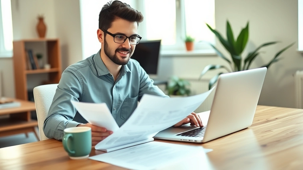 Young professional reviewing health insurance documents on laptop at modern home office desk with coffee cup, natural window lighting, confident expression