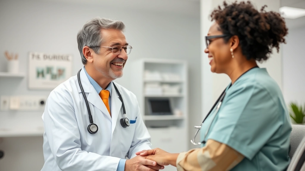Healthcare provider and patient having friendly consultation in clean medical office, both smiling, representing quality care and accessible medicine