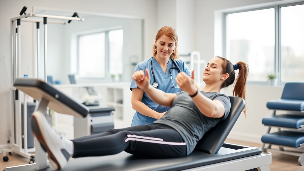 Professional allied health therapist in clinical setting working with patient on rehabilitation exercise equipment, modern bright therapy clinic, confident practitioner helping patient recover