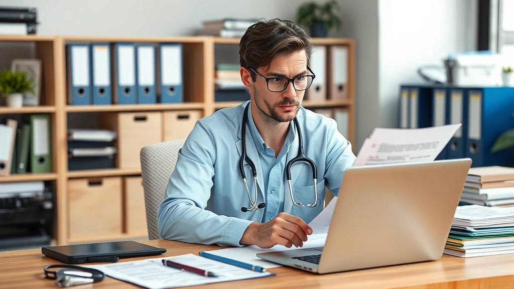 Healthcare professional reviewing insurance documents at desk with laptop, organized workspace with medical files, thoughtful expression considering coverage options