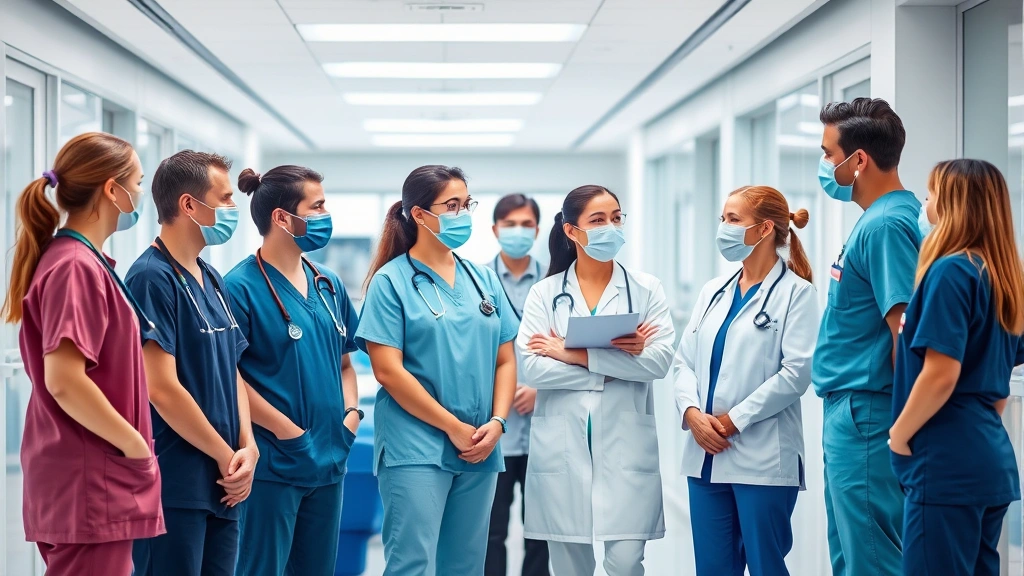 Group of allied health professionals in modern medical facility discussing patient care, diverse team in clinical uniforms, collaborative healthcare environment