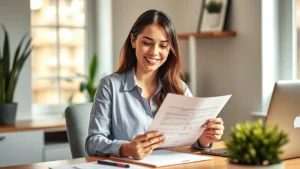 Young professional woman reviewing health insurance documents on tablet at modern home office desk, warm natural lighting, minimalist workspace with plants, confident expression, wellness-focused lifestyle