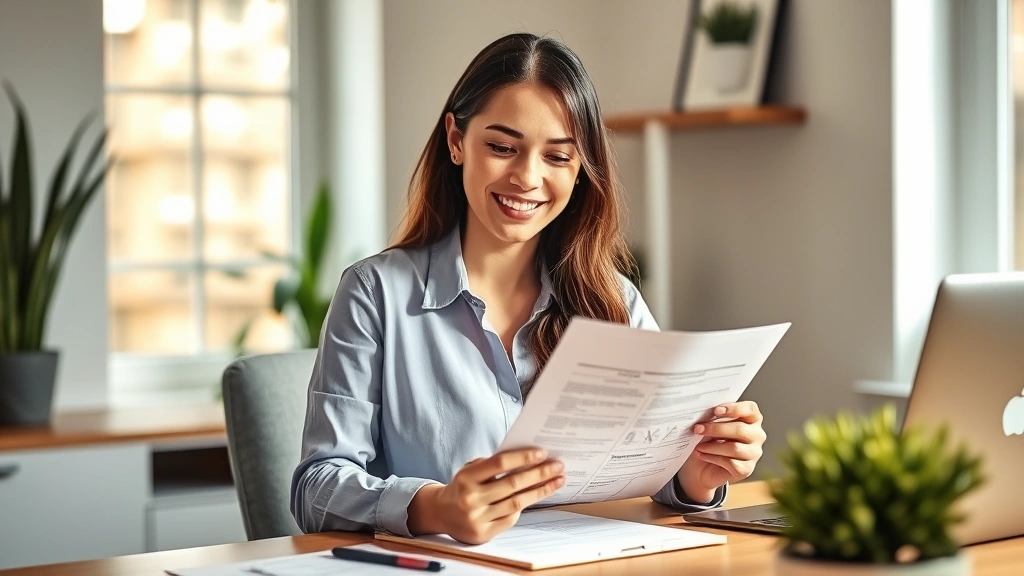 Young professional woman reviewing health insurance documents on tablet at modern home office desk, warm natural lighting, minimalist workspace with plants, confident expression, wellness-focused lifestyle