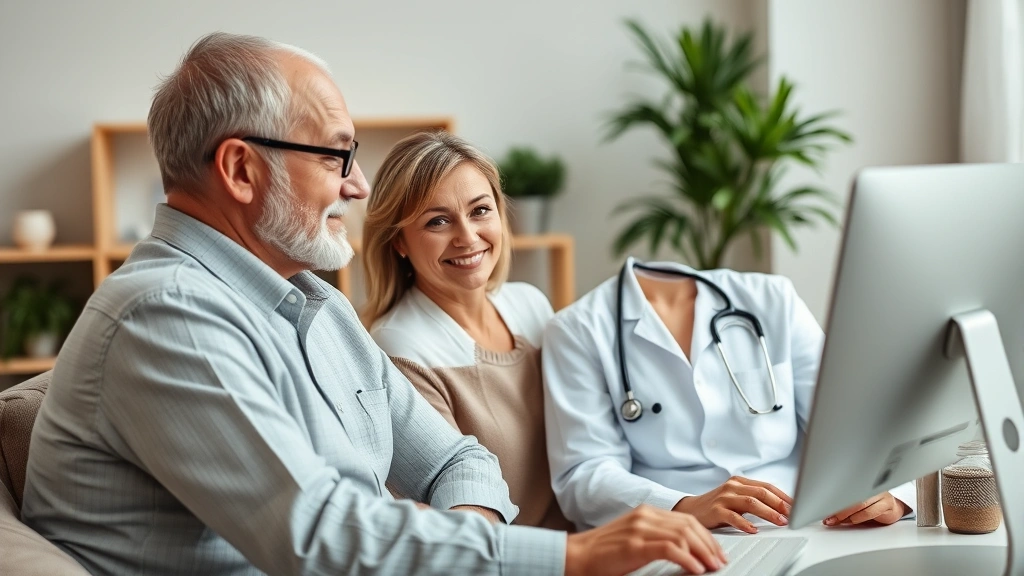 Middle-aged couple consulting with healthcare provider via video call on computer, home office setting, professional yet comfortable atmosphere, modern telehealth technology in action