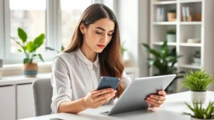 Modern young professional woman reviewing health data on smartphone and tablet in bright home office, natural lighting, plants visible, minimalist desk setup, focused expression
