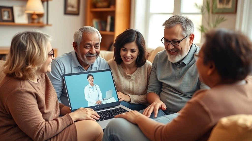 Multi-generational family having video consultation with healthcare provider on laptop, warm home setting, diverse family members visible, comfortable seating, healthcare technology visible on screen