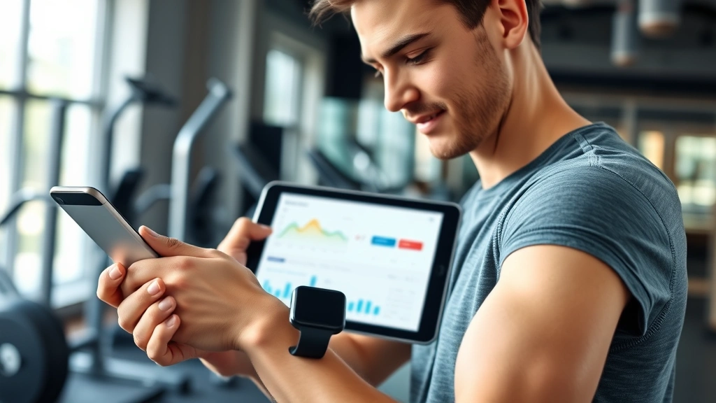 Person wearing smartwatch and fitness tracker checking wellness metrics on tablet, gym or home environment, health dashboard displayed, motivated expression, athletic casual clothing