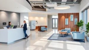 Modern medical imaging facility reception area in Cumming Georgia with welcoming staff at desk, natural lighting, comfortable waiting area with contemporary furniture, professional healthcare environment, patients checking in