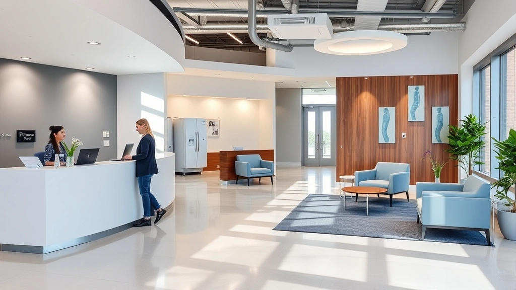 Modern medical imaging facility reception area in Cumming Georgia with welcoming staff at desk, natural lighting, comfortable waiting area with contemporary furniture, professional healthcare environment, patients checking in