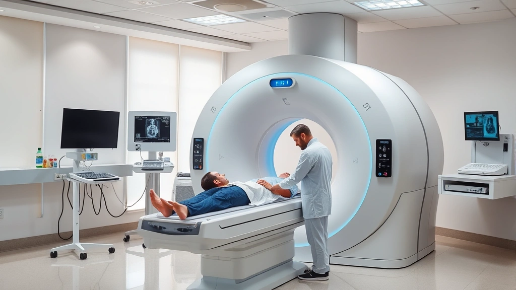 Advanced CT scanner equipment in bright clinical room, radiologist technician preparing patient for imaging procedure, state-of-the-art diagnostic technology, modern hospital setting, professional medical atmosphere with comfort focus