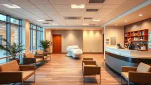 Modern medical imaging facility waiting room with comfortable seating, warm lighting, and welcoming atmosphere. Professional receptionist at desk. Clean, contemporary interior design with healthcare accents and soft tones.
