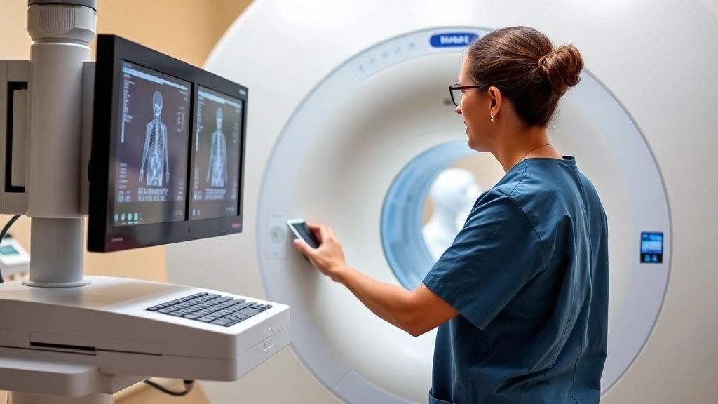 Radiologic technologist in scrubs operating advanced CT or MRI scanner equipment with patient visible in machine. Clinical but warm environment. Modern medical technology displayed with professional, focused staff interaction.