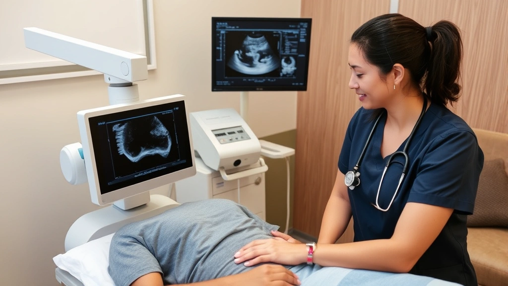 Patient receiving ultrasound examination with female technologist in professional setting. Comfortable medical environment with modern ultrasound equipment. Supportive healthcare provider demonstrating care and professionalism during diagnostic procedure.