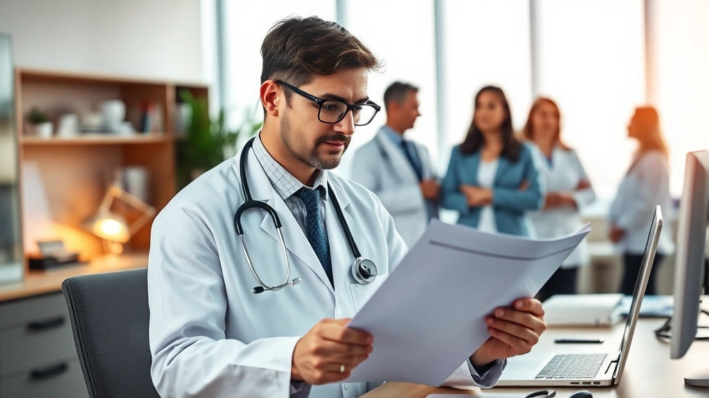 Professional doctor in white coat reviewing patient health records in modern clinic office, warm lighting, diverse medical team collaborating in background, contemporary healthcare setting with medical technology visible on desk