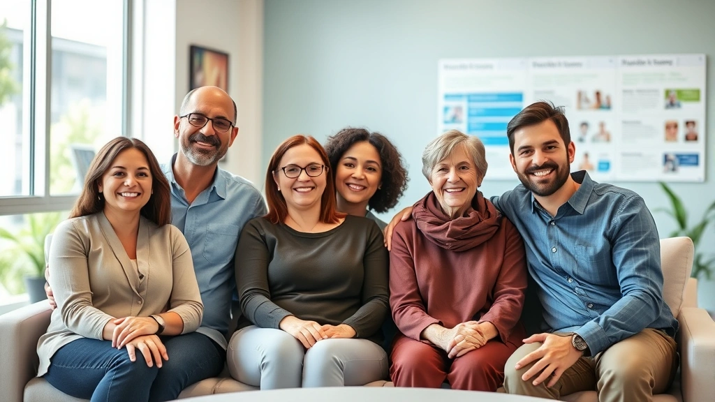 Diverse family of four sitting together in bright, comfortable medical waiting room or wellness center, smiling and looking relaxed, modern healthcare environment with health information displays, natural window lighting