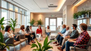 Diverse group of patients waiting in modern, welcoming medical clinic reception area with comfortable seating, plants, and warm lighting, reflecting community healthcare environment