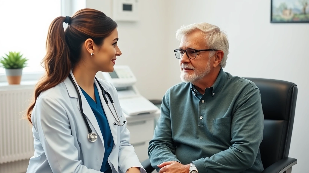 Female healthcare provider in white coat having compassionate conversation with middle-aged patient in examination room, demonstrating attentive listening and respectful care