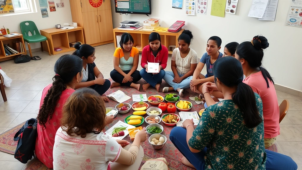 Community health education class with diverse participants learning about nutrition and wellness, sitting in circle formation with healthy food samples and educational materials visible