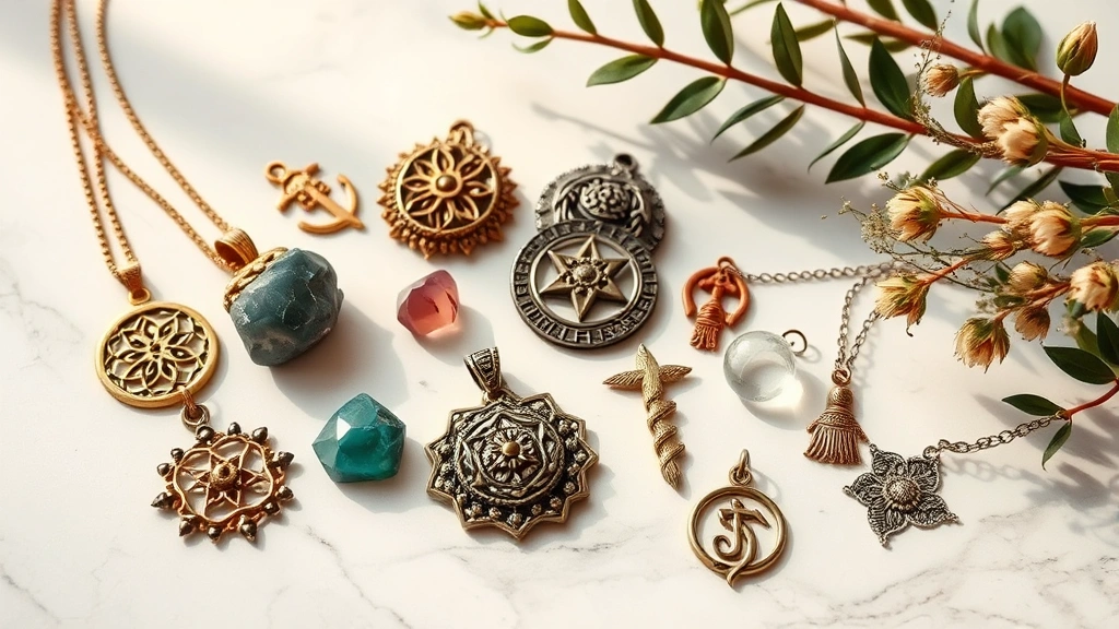 Assorted health amulets displayed on white marble surface, crystals and metals catching warm light, botanical elements nearby, lifestyle photography, aspirational wellness aesthetic