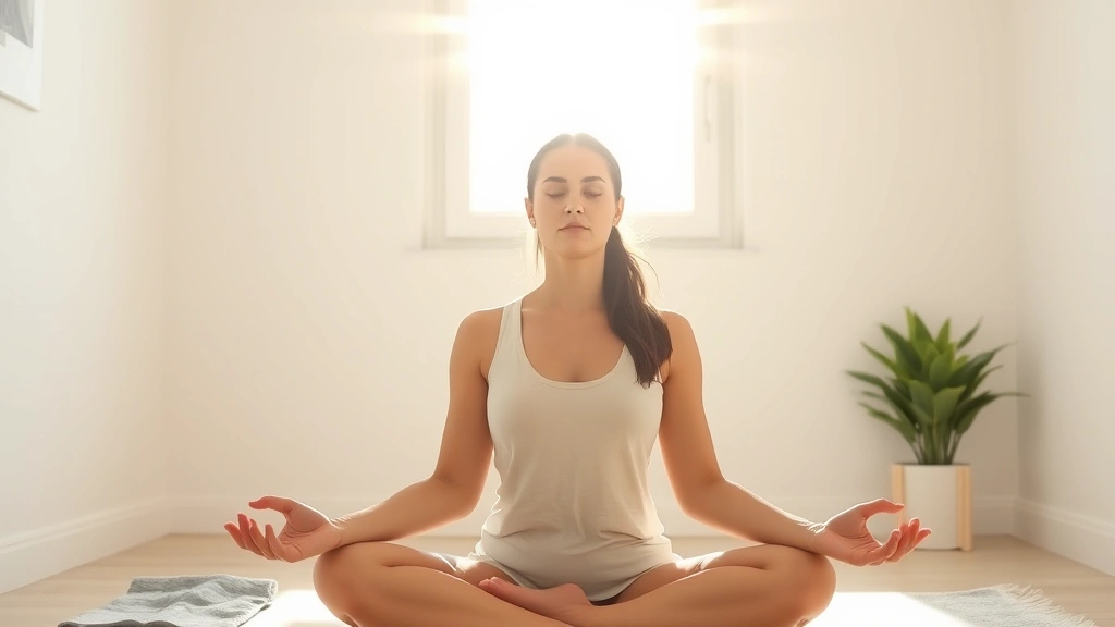 Woman sitting in peaceful meditation pose by sunny window, morning light streaming across face, calm serene expression, minimalist bright bedroom background