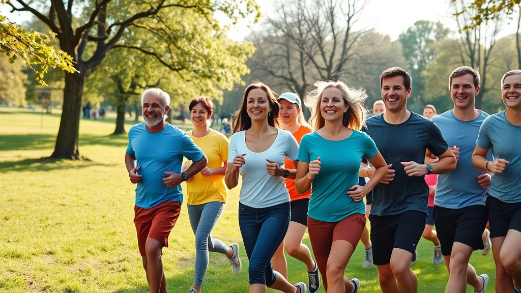 Diverse group of people jogging together in green park, natural outdoor setting, morning sunlight, healthy smiling faces, trees and grass visible