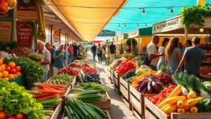 Vibrant farmers market scene in Dallas with colorful organic produce displays, fresh vegetables in wooden crates, sunlight streaming through market stalls, customers shopping for healthy food options