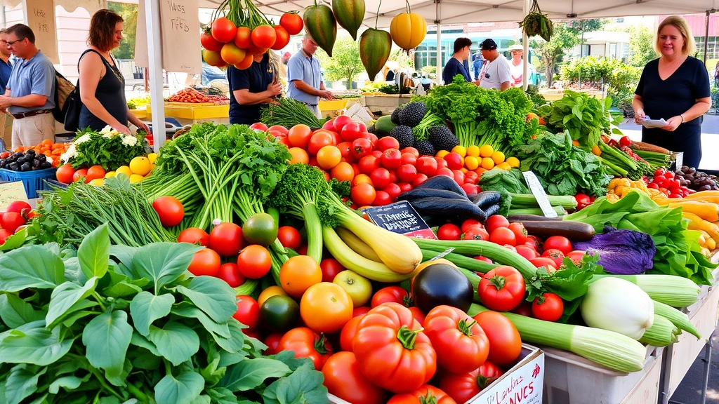 Colorful farmers market produce display with fresh organic vegetables, heirloom tomatoes, leafy greens, and local farmer interaction on sunny Dallas morning