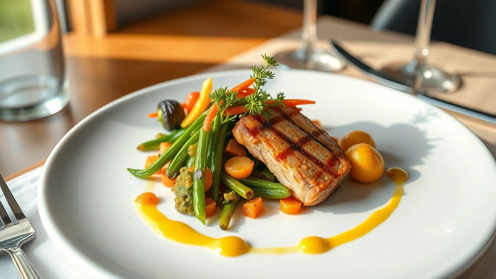 Elegant farm-to-table restaurant plated dish featuring seasonal vegetables and grass-fed protein, artfully presented with natural lighting and minimalist table setting