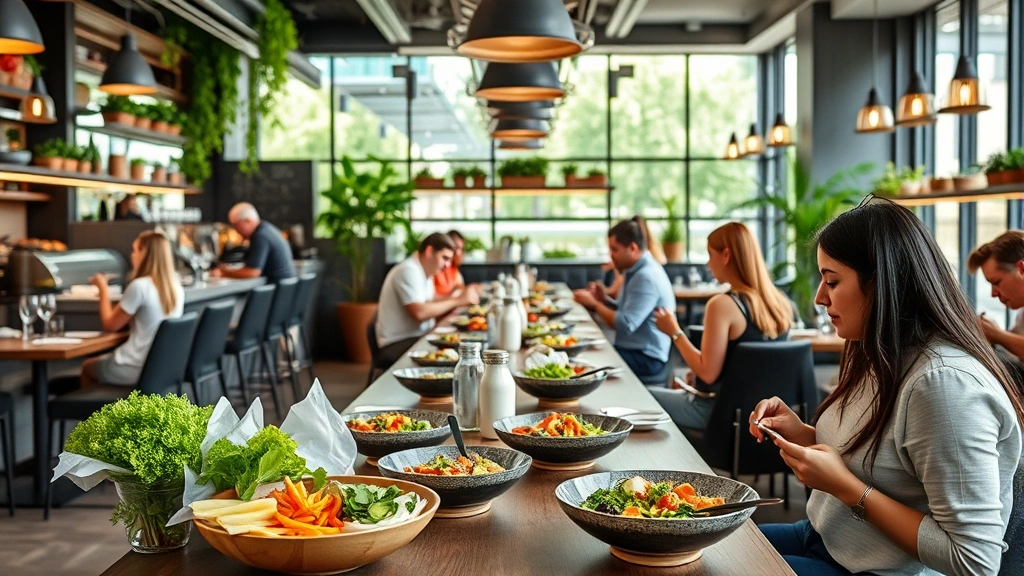 Modern upscale health-focused restaurant interior in Dallas with farm-to-table bowl presentation, fresh ingredients visible, natural lighting, wellness-conscious diners enjoying nutritious meals