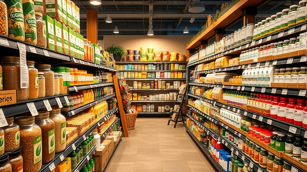 Wellness-focused grocery store aisle showcasing organic products, glass jars of bulk grains and legumes, specialty health foods, and natural supplements with warm ambient lighting