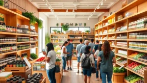 Bright, welcoming organic health food store interior with wooden shelves displaying colorful organic produce, supplements, and wellness products, warm natural lighting, diverse customers browsing together