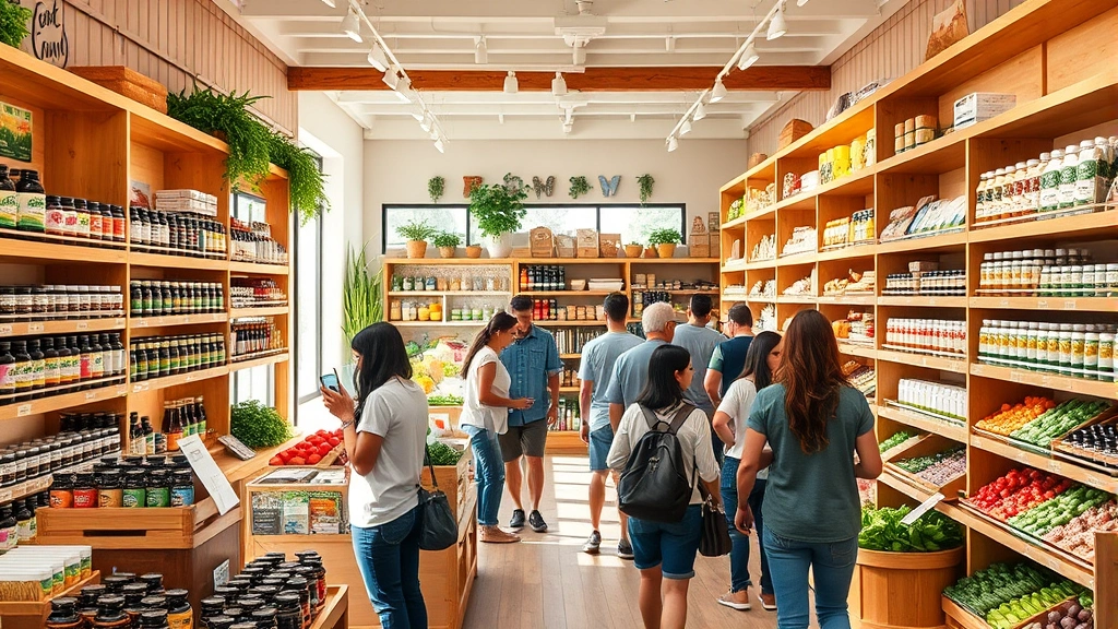 Bright, welcoming organic health food store interior with wooden shelves displaying colorful organic produce, supplements, and wellness products, warm natural lighting, diverse customers browsing together