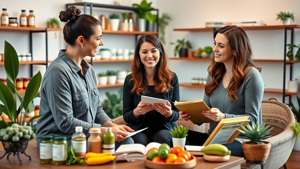 Professional nutritionist consultation scene in modern wellness space, woman reviewing health goals with friendly expert advisor surrounded by organic products and wellness literature