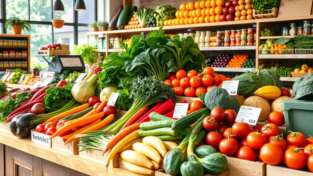 Vibrant farmers market style display of locally-sourced organic vegetables and fruits at health food store counter, natural sunlight, fresh produce arranged beautifully with price cards