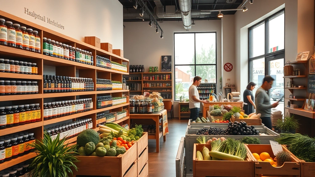 Bright, modern health food store interior with wooden shelves displaying colorful supplement bottles, fresh organic produce in wooden crates, warm natural lighting from large windows, Dallas storefront aesthetic, customers browsing products, welcoming retail environment