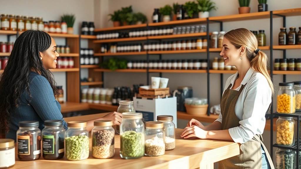 Knowledgeable female staff member in professional wellness attire consulting with diverse customer at natural wood counter, surrounded by glass jars of superfoods and supplements, bright Dallas afternoon light, genuine helpful conversation, health-conscious retail setting
