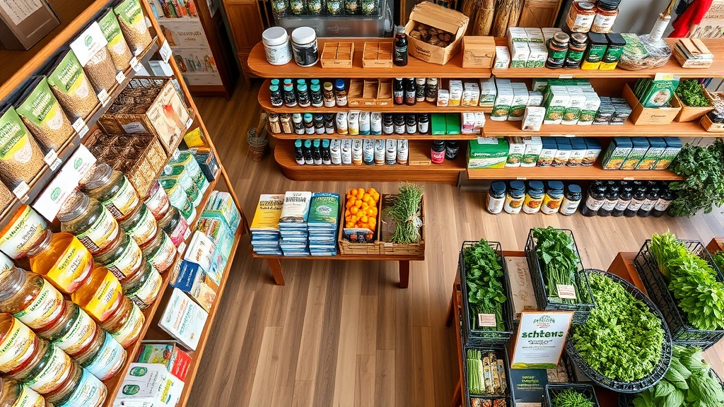 Overhead view of beautifully arranged organic products on store shelves including whole grains, supplements, plant-based proteins, fresh herbs, wellness books, lifestyle-focused retail display with warm wood tones and natural lighting, Dallas local health store ambiance