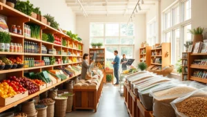 Bright, welcoming organic health food store interior with wooden shelving displaying colorful organic produce, bulk bins with grains and legumes, natural lighting streaming through windows, customers browsing products, warm minimalist aesthetic