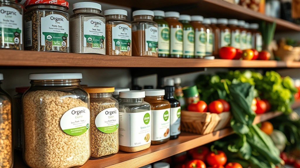 Close-up of organic products on shelves including glass jars of bulk grains, supplements, natural body care items, fresh vegetables, organic certification labels visible, lifestyle photography style with natural shadows