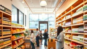 Bright, welcoming health food store interior with wooden shelves displaying colorful organic produce, supplements, and natural products. Warm lighting, customers browsing, clean organized layout, professional friendly staff member assisting a customer, Dallas neighborhood setting