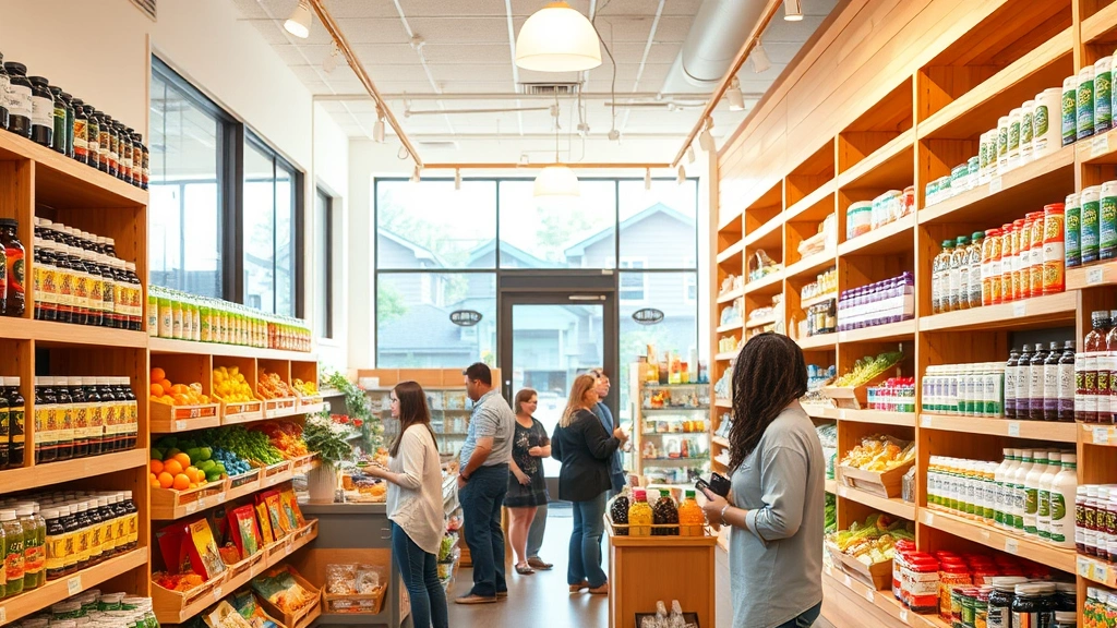 Bright, welcoming health food store interior with wooden shelves displaying colorful organic produce, supplements, and natural products. Warm lighting, customers browsing, clean organized layout, professional friendly staff member assisting a customer, Dallas neighborhood setting