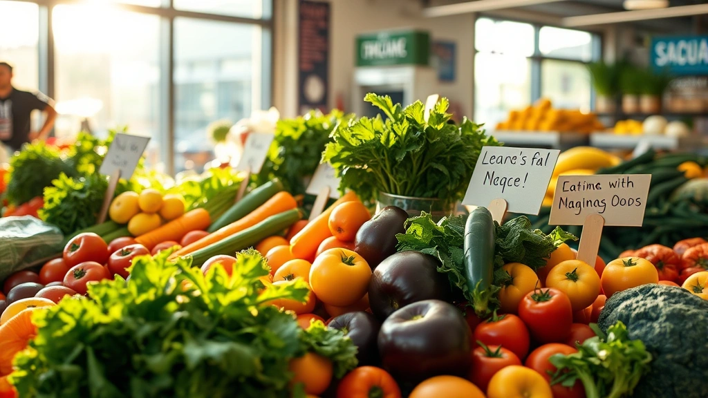 Close-up of organic fresh produce display at farmers market style section—vibrant vegetables and fruits, handwritten signs indicating local sources, morning sunlight streaming through windows, natural textures and colors, wellness-focused grocery shopping atmosphere