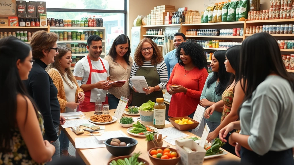 Wellness workshop or community event at health food store—diverse group of people gathered around a nutrition education table, samples of organic foods, certificates or materials visible, instructor demonstrating healthy products, warm community gathering ambiance, inclusive and welcoming