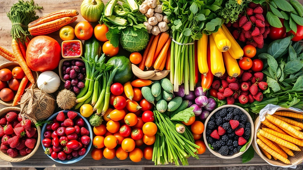 Overhead shot of vibrant farmers market produce display with colorful seasonal vegetables, berries, and leafy greens arranged on rustic wooden table, natural sunlight, Mediterranean lifestyle aesthetic