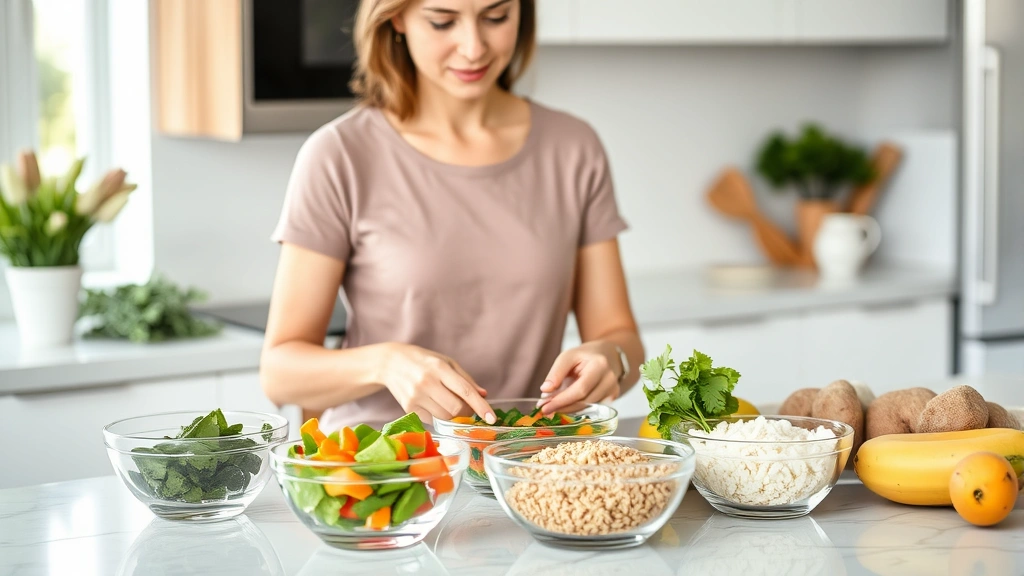 Woman preparing meal at modern kitchen counter with fresh ingredients, chopped vegetables in glass bowls, whole grains, lean proteins, bright natural lighting, healthy lifestyle moment