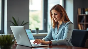 Professional woman sitting at desk reviewing health data on laptop, natural lighting from window, modern office environment, focused expression, wellness-focused atmosphere