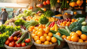 Vibrant farmer's market display with colorful organic vegetables and citrus fruits, natural sunlight, fresh produce baskets, healthy lifestyle aesthetic, warm morning atmosphere